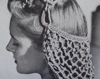 Antique  Original Crochet Snood Black and Glitter yarn Handmade 1940's