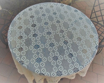 Beautiful Vintage Tablecloth  Floral Crochet beige  Small Rectangle Table Cloth 36x48" handmade Nice Flower Design