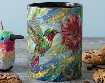 Glasmalerei-Kolibri-Becher, bunte Blumenkaffeetasse, Vogel- und Blumenkunstbecher, Naturliebhabergeschenk, künstlerischer Gartenbecher, einzigartiges Geschenk