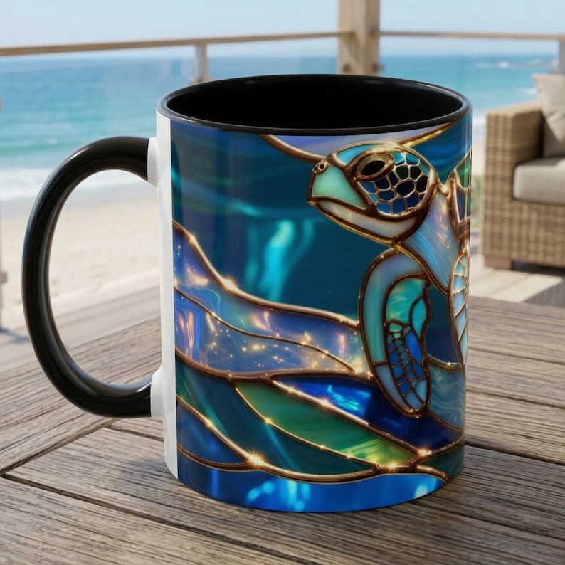Stained Glass Sea Turtle Mug, Ocean Turtle Coffee Cup, Coastal Beach Mug Gift, Marine Life Art Cup, Sea Lover Gift, Ocean Wildlife Mug image 13