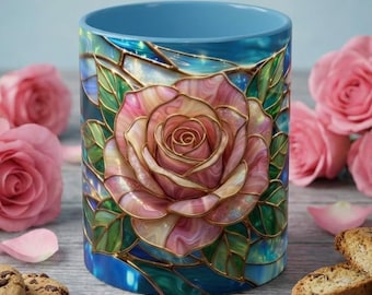Stained Glass Rose Mug, Pink Flower Coffee Cup, Fantasy Floral Tea Cup, Magical Garden Gift, Galaxy Rose Art, Botanical Lover Present