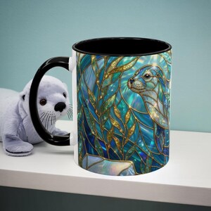 Seal Coffee Mug, Stained Glass Seal Mug, Cute Marine Animal Art Mug, Ocean Lover Gift, Unique Ceramic Coffee Cup, 11oz 15oz Coastal Mug image 2