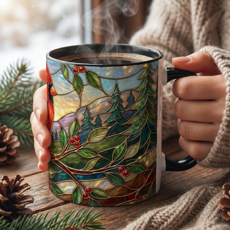 Stained Glass Cardinal Mug, Red Bird Coffee Cup, Memorial Gift For Loss, Nature Lover Present, Faux Stained Glass Art, Bird Watcher Mug image 9