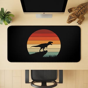 Retro T-Rex Sunset Desk Mat XL - Dinosaur Gaming and Office Mouse Pad - Non-Slip Rug for Home, Kids, Paleontology Gift, Dino Mat, Jurassic