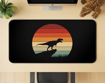 Retro T-Rex Sunset Desk Mat XL - Dinosaur Gaming and Office Mouse Pad - Non-Slip Rug for Home, Kids, Paleontology Gift, Dino Mat, Jurassic