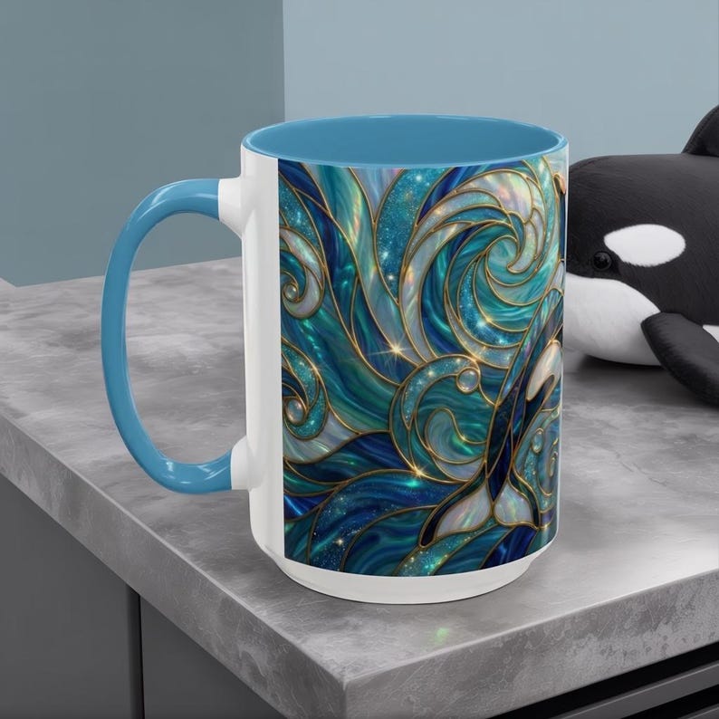 Orca Whale Coffee Mug, Ocean Art Mug, Stained Glass Whale Design, Marine Life Gift, Ceramic Coffee Cup, 11oz 15oz Waves Mug, Coastal Decor image 3