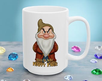 Funny Grumpy Gnome Mug - &quot;This Is My Happy Face&quot; Coffee Cup, Dishwasher Safe Ceramic, Hilarious Gift for Coffee Lovers and Office Humor
