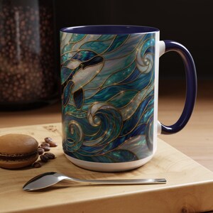 Orca Whale Coffee Mug, Ocean Art Mug, Stained Glass Whale Design, Marine Life Gift, Ceramic Coffee Cup, 11oz 15oz Waves Mug, Coastal Decor image 18