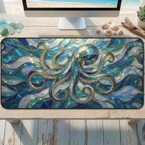 Stained Glass Octopus Desk Mat, Teal Ocean Gaming Mouse Pad, Fantasy Gold Kraken Art, XL Blue Office Decor, Cute Computer Accessories