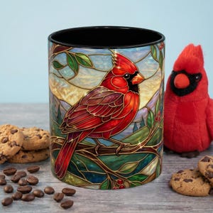 Stained Glass Cardinal Mug, Red Bird Coffee Cup, Memorial Gift For Loss, Nature Lover Present, Faux Stained Glass Art, Bird Watcher Mug image 1