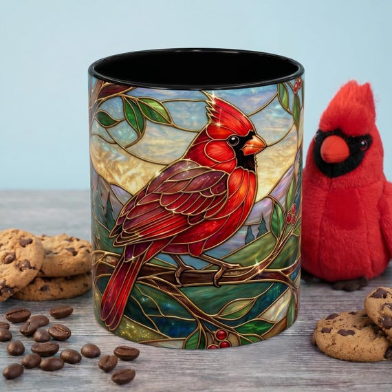 Stained Glass Cardinal Mug, Red Bird Coffee Cup, Memorial Gift For Loss, Nature Lover Present, Faux Stained Glass Art, Bird Watcher Mug
