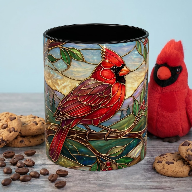 Stained Glass Cardinal Mug, Red Bird Coffee Cup, Memorial Gift For Loss, Nature Lover Present, Faux Stained Glass Art, Bird Watcher Mug image 1