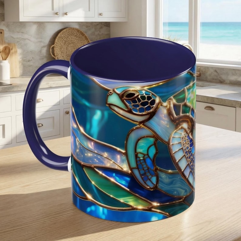 Stained Glass Sea Turtle Mug, Ocean Turtle Coffee Cup, Coastal Beach Mug Gift, Marine Life Art Cup, Sea Lover Gift, Ocean Wildlife Mug image 12