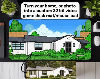 Custom Pixel House Desk Mat, 32 Bit Video Game Mouse Pad, Personalized Home Pixel Art, Retro Gaming Desk Pad, Gamer Gift