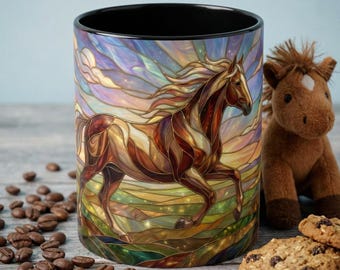 ステンドグラスの馬のマグカップ、馬のコーヒーマグ、走る馬のアートカップ、乗馬ギフトマグ、自然アートマグ、馬好きへのギフト