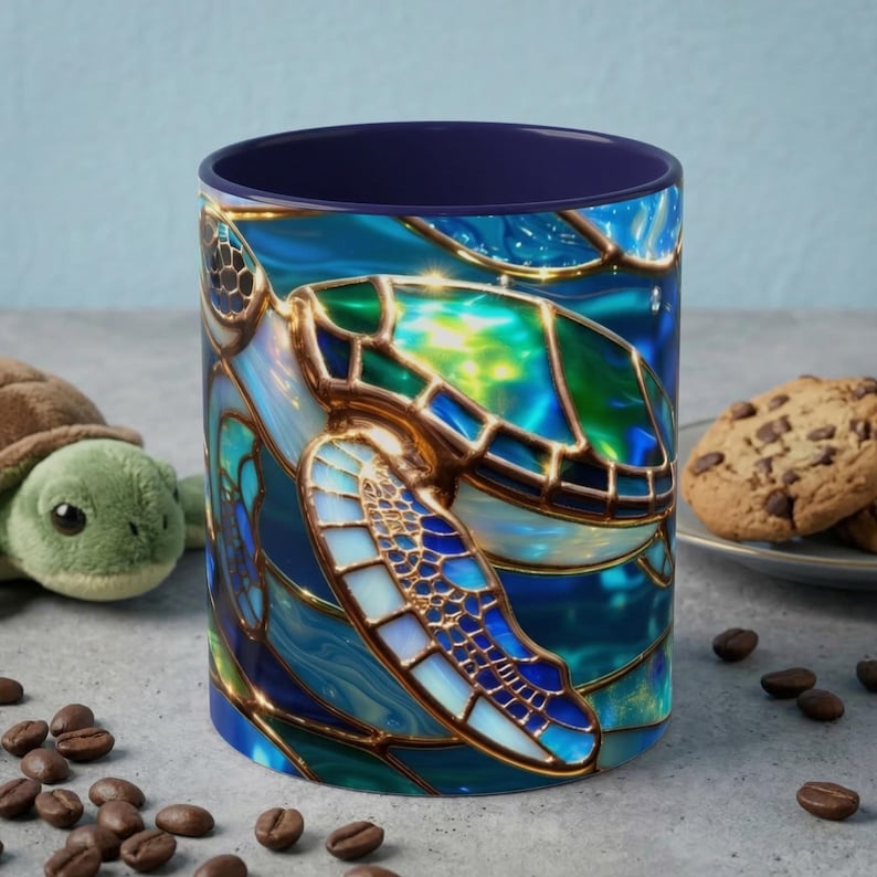 Stained Glass Sea Turtle Mug, Ocean Turtle Coffee Cup, Coastal Beach Mug Gift, Marine Life Art Cup, Sea Lover Gift, Ocean Wildlife Mug image 2