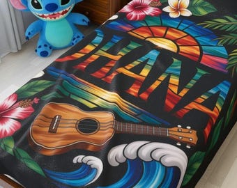 Manta hawaiana Ohana: Manta tropical con ukelele y atardecer - Funda de cama Island Vibes