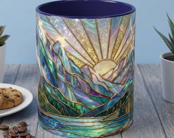 Stained Glass Mountain Mug, Mountain Landscape Coffee Cup, Galaxy Sky Nature Ceramic Mug, Sunrise River Forest Art, 11oz 15oz Gift