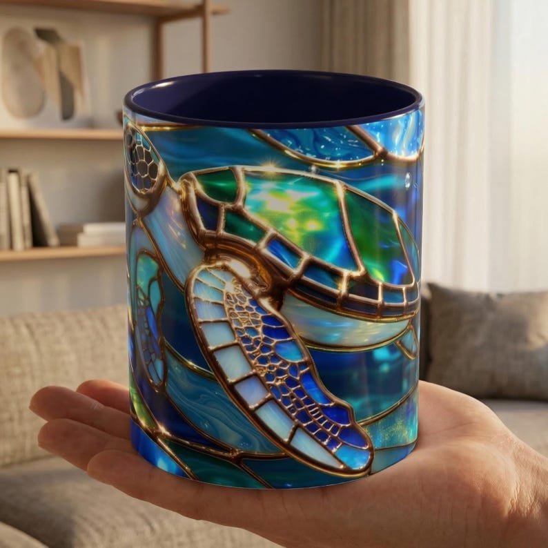 Stained Glass Sea Turtle Mug, Ocean Turtle Coffee Cup, Coastal Beach Mug Gift, Marine Life Art Cup, Sea Lover Gift, Ocean Wildlife Mug image 14
