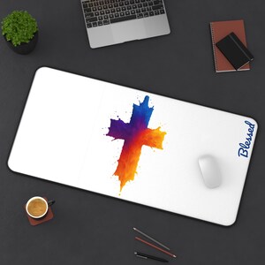 Personalized Christian Desk Mat Custom Name Mouse Pad, Blessed Cross Office Decor, Faith Gift for Her or Him