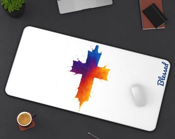 Personalized Christian Desk Mat: Watercolor Cross, Blessed Office Decor
