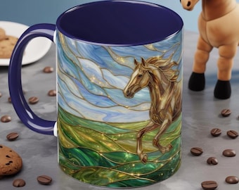 ステンドグラスの馬のマグカップ、馬のコーヒーマグ、走る馬のカップ、乗馬ギフトマグ、自然アートマグ、馬好きへのギフト