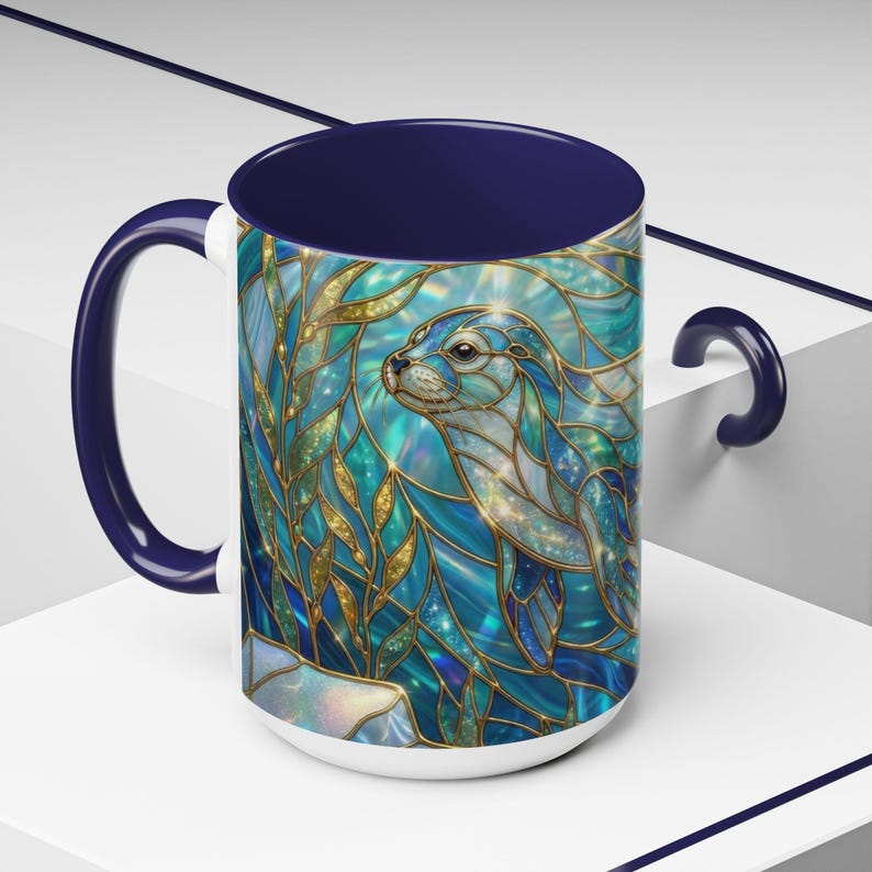 Seal Coffee Mug, Stained Glass Seal Mug, Cute Marine Animal Art Mug, Ocean Lover Gift, Unique Ceramic Coffee Cup, 11oz 15oz Coastal Mug image 12