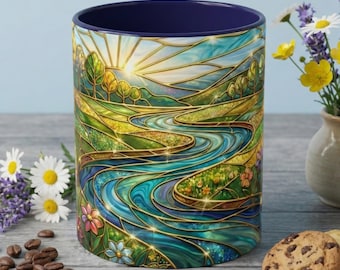 Stained Glass Mug, River Landscape Coffee Cup, Nature Lover Gift, Floral Tea Mug, Gardener Present, Art Teacher Gift, Colorful Scenery Cup