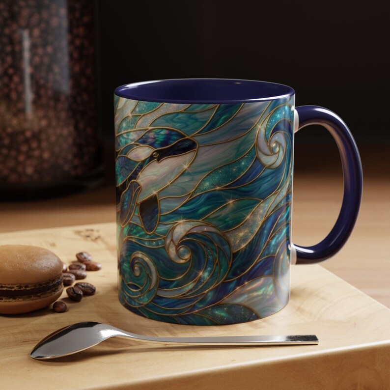 Orca Whale Coffee Mug, Ocean Art Mug, Stained Glass Whale Design, Marine Life Gift, Ceramic Coffee Cup, 11oz 15oz Waves Mug, Coastal Decor image 16