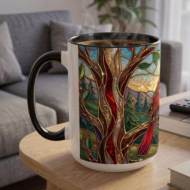 Stained Glass Cardinal Mug, Red Bird Coffee Cup, Memorial Gift For Loss, Nature Lover Present, Faux Stained Glass Art, Bird Watcher Mug image 15