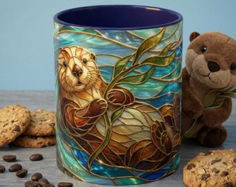 Mug loutre de mer en vitrail, tasse à café animal océan mignon, cadeau biologiste marin, déco cuisine côtière, cadeau amateur de loutre, art de la nature