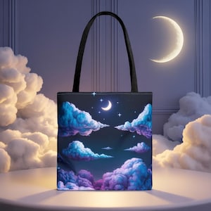 Dreamy Moon and Clouds Tote Bag - Celestial Night Sky Tote - Boho Moon Cloud Tote - Eco-Friendly Cosmic Art Tote - Gift for Stargazers