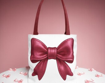 Pink Metallic Bow Tote Bag: Reusable Polyester Shopping Bag