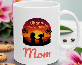 Personalized Ohana Mom Mug Custom Family Coffee Cup, Hawaiian Sunset Mug, Fathers Day or Birthday Gift for Mom