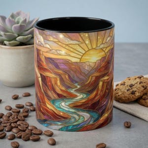 Stained Glass Grand Canyon Mug, Desert Landscape Coffee Cup, Mountain River Sunset, Celestial Night Sky Art, Nature Lover Gift, Boho Decor