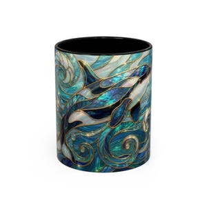 Orca Whale Coffee Mug, Ocean Art Mug, Stained Glass Whale Design, Marine Life Gift, Ceramic Coffee Cup, 11oz 15oz Waves Mug, Coastal Decor image 5