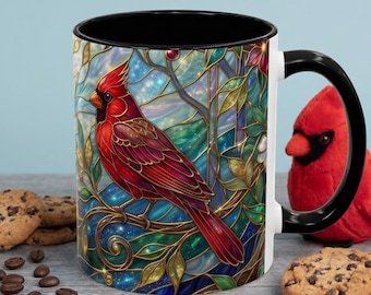 Stained Glass Cardinal Mug, Red Bird Coffee Cup, Memorial Gift For Bird Lover, Faux Stained Glass Art, Whimsical Nature Gift Mug For Her