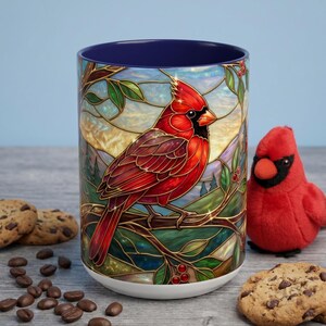 Stained Glass Cardinal Mug, Red Bird Coffee Cup, Memorial Gift For Loss, Nature Lover Present, Faux Stained Glass Art, Bird Watcher Mug image 2
