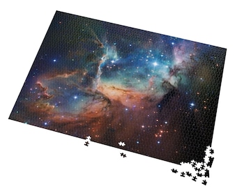 May include: A completed jigsaw puzzle showing a colourful nebula with a dark blue, purple and orange colour scheme. The nebula is surrounded by a field of twinkling stars against a black background.