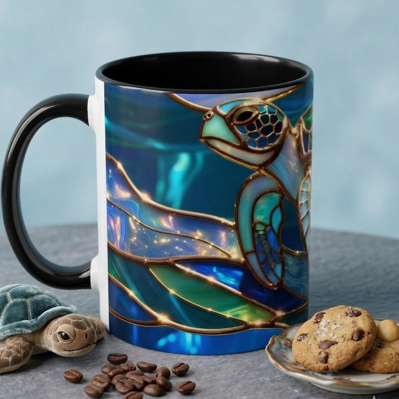 Stained Glass Sea Turtle Mug, Ocean Turtle Coffee Cup, Coastal Beach Mug Gift, Marine Life Art Cup, Sea Lover Gift, Ocean Wildlife Mug image 3