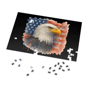 Eagle American Flag Jigsaw Puzzle with Tin Memorial Day Puzzle 4th of July Game Veteran&#39;s Day Jigsaw