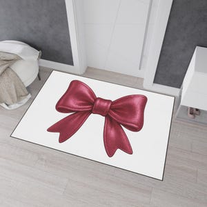 Red Bow Door Mat - Cute Glam Entry Rug, Pink Ribbon Welcome Mat, Girly Home Decor, Holiday Front Door Rug