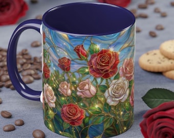 Stained Glass Rose Garden Mug, Floral Rose Coffee Cup, Elegant Flower Mug, Blue Green Gold Glass Style Design, Romantic Gift For Her