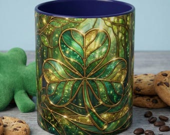 Stained Glass Shamrock Mug, Celtic Irish Coffee Cup, Green Stained Glass Mug, Shamrock Art Mug, St Patrick's Day Gift