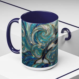 Orca Whale Coffee Mug, Ocean Art Mug, Stained Glass Whale Design, Marine Life Gift, Ceramic Coffee Cup, 11oz 15oz Waves Mug, Coastal Decor image 12