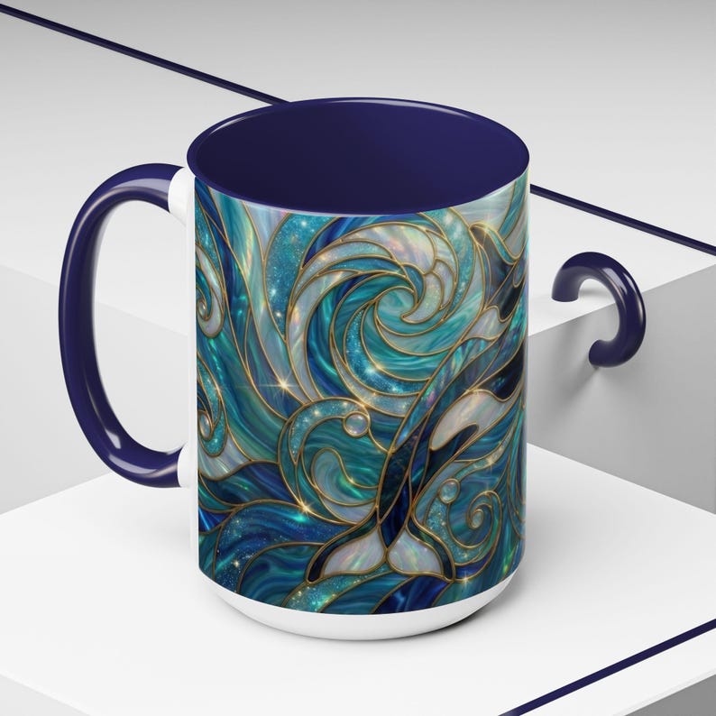 Orca Whale Coffee Mug, Ocean Art Mug, Stained Glass Whale Design, Marine Life Gift, Ceramic Coffee Cup, 11oz 15oz Waves Mug, Coastal Decor image 12