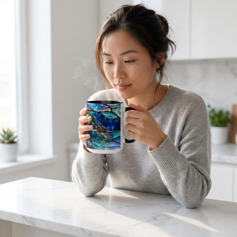 Stained Glass Sea Turtle Mug, Ocean Turtle Coffee Cup, Coastal Beach Mug Gift, Marine Life Art Cup, Sea Lover Gift, Ocean Wildlife Mug image 8