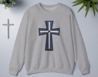 Faux Patchwork Cross Sweatshirt, Christian Patchwork Style Crewneck, Faith Gift for Women Men, Rustic Cross Sweatshirt, Religious Xmas Gift