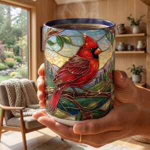 Stained Glass Cardinal Mug, Red Bird Coffee Cup, Memorial Gift For Loss, Nature Lover Present, Faux Stained Glass Art, Bird Watcher Mug image 7