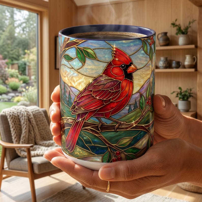 Stained Glass Cardinal Mug, Red Bird Coffee Cup, Memorial Gift For Loss, Nature Lover Present, Faux Stained Glass Art, Bird Watcher Mug image 7